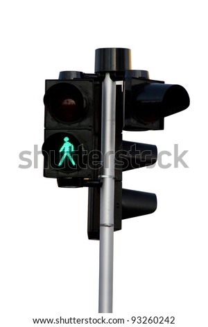closeup of a traffic light for pedestrians, with the GO image of a person walking lit up - isolated