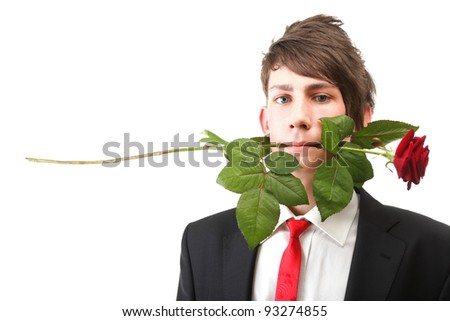 Young handsome man with flower, red rose isolated white background