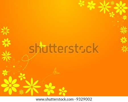 Springtime retro flowers and butterflies on a glowing orange background - copyspace room