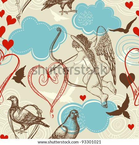 Love seamless pattern, Cupid and love birds