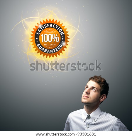 Young businessman watching virtual business sign, copyspace