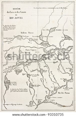 Japura river basin old map. By unidentified author, published on Le Tour du Monde, Paris, 1867