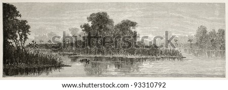 Purus river old view (Camara and Aru channels), near confluence with Amazon river, Brazil. Created by Riou, published on Le Tour du Monde, Paris, 1867