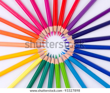 Many different color pencils on white background