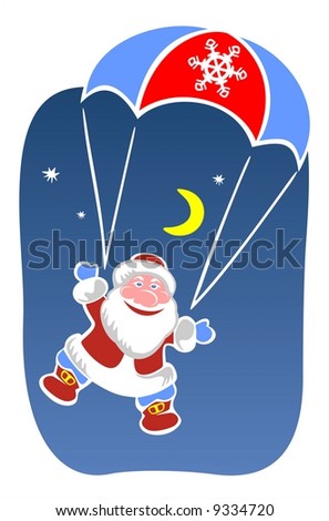 Cheerful Santa Claus goes down from the sky on a parachute. Christmas illustration.