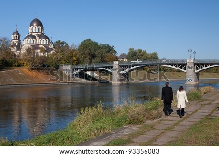 Neris river with Zverynas Bridge and Our Lady of the Sign Church in Vilnius, Lithuania