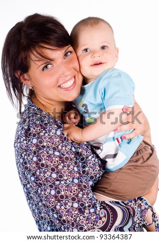 happy mom with her baby on white