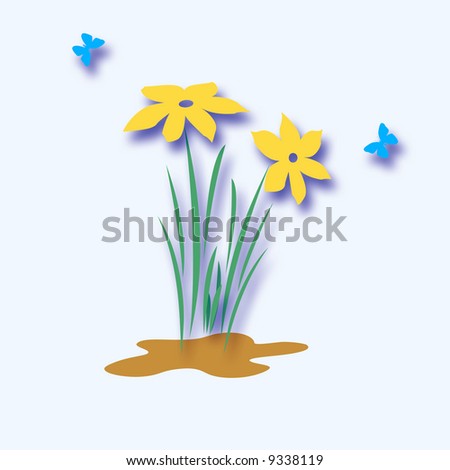 bright spring flowers and butterflies on solid background illustration