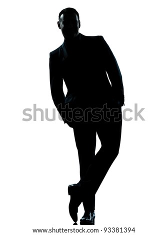 one caucasian business man silhouette standing Full length hands in pocket in studio isolated on white background Royalty-Free Stock Photo #93381394