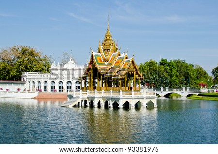 Aisawan-Dhipaya Asana Pavillion at Bang Pa-in Palace, Ayuthaya province, Thailand. Royalty-Free Stock Photo #93381976