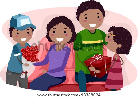 Illustration of Kids Giving Their Parents Valentine's Gifts