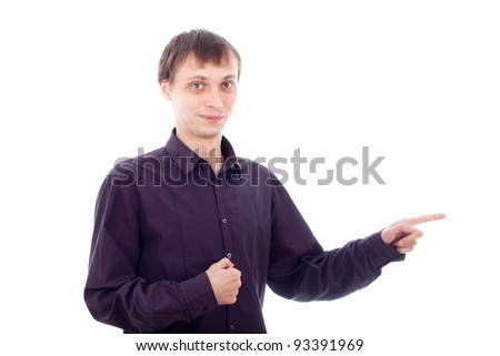 Funny nerd man pointing, isolated on white background.