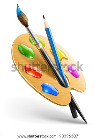 Art palette with paint brush and pencil tools for drawing vector illustration EPS10. Transparent objects used for shadows and lights drawing.
