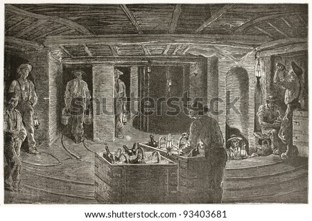 Miners dining underground, old illustration. Created by Neuville after Bonhomme, published on Le Tour du Monde, Paris, 1867