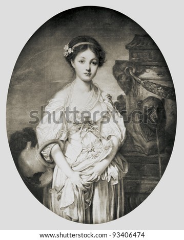 Jean-Baptiste Greuze "A girl with a broken jug." Reproduction from illustrated Encyclopedia "Treasures of art", Partnership «Prosvesheniye», St. Petersburg , Russia , 1906 Royalty-Free Stock Photo #93406474
