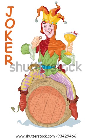 Vector illustration, funny drunk joker harlequin believed to be king, card concept, white background.