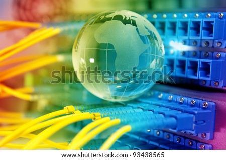 electronic printed circuit board with technology style against fiber optic background Royalty-Free Stock Photo #93438565