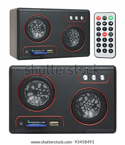 Speaker- MP3-player with card-reader isolated on white background. Collage