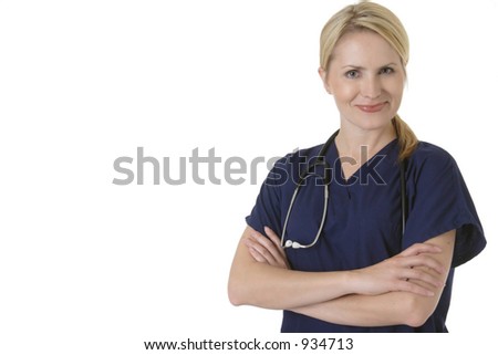 Attractive nurse with arms crossed on white
