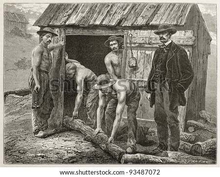 Miners taking trunks to support Montchanin mine tunnel. Created by Neuville after photo by unknown author, published on Le Tour du Monde, Paris, 1867