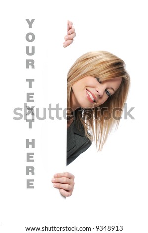 Businesswoman holding blank sign isolated on white Royalty-Free Stock Photo #9348913