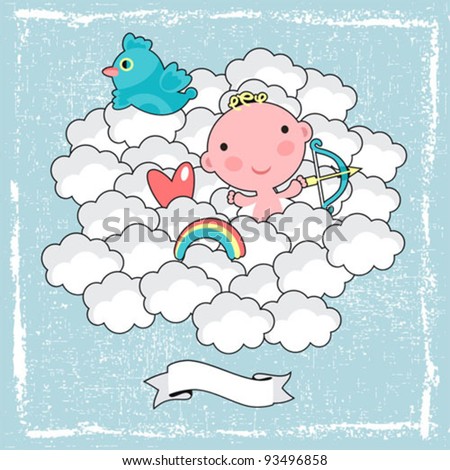 Cute cupid in the blue sky. Vector illustration for the Valentine`s day.