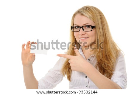 young woman holding empty white board. On a white background