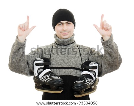 Men with skates points his finger on white background.