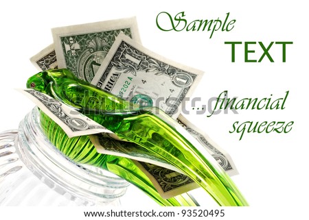 Dollar bills being squeezed in citrus press on white background with copy space.  Financial concept - Squeezing the most out of your money.