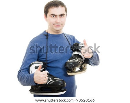 Men with skates gesture shows okay on white background.