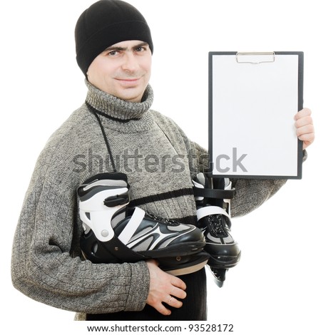 Men with skates with a blank sheet of paper on white background.