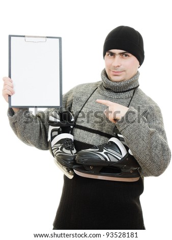 Men with skates with a blank sheet of paper on white background.