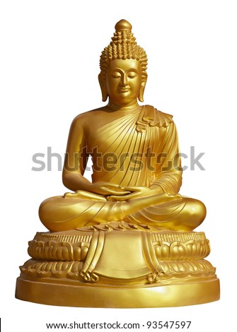 isolated shot of golden statue of Buddha sitting in lotus pose with eyes shut Royalty-Free Stock Photo #93547597