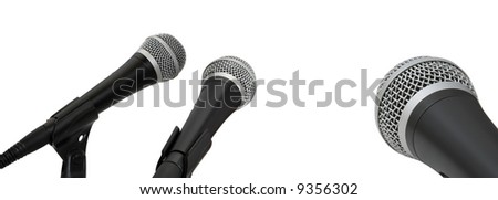 Press conference. Microphones isolated on white background.