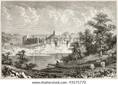 Chepstow castle old view, Wales. Created by Grandsire after Erny, published on Le Tour du Monde, Paris, 1867