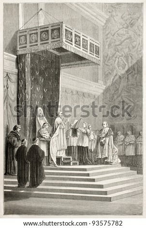 Pope officiating at mass in Sistine Chapel (Pious IX). Created by Neuville after Delaunay, published on Le Tour du Monde, Paris, 1867