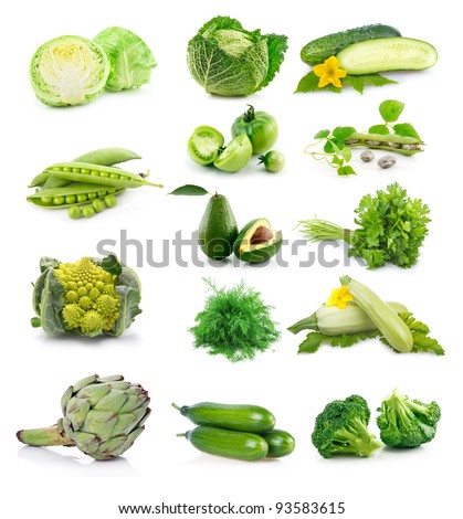 Set of fresh green vegetables isolated on white background Royalty-Free Stock Photo #93583615