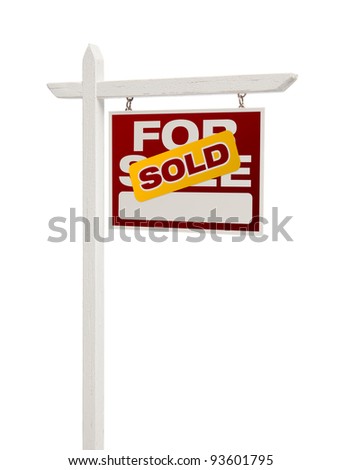 Sold For Sale Real Estate Sign Isolated on a White Background - Facing Right.