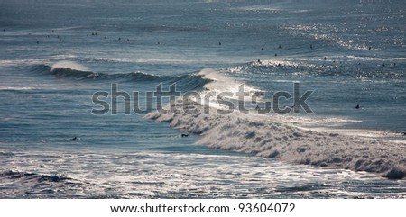 Surfers in ocean waiting for large wave
