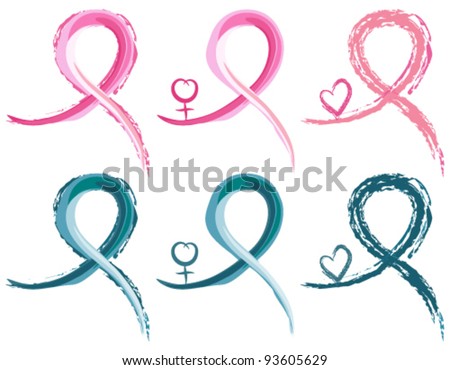 Breast cancer and ovarian cancer ribbons. With female gender symbol. Isolated over white backround. Vector file saved as EPS AI8, all elements gouped, no effects, easy edit and print.
