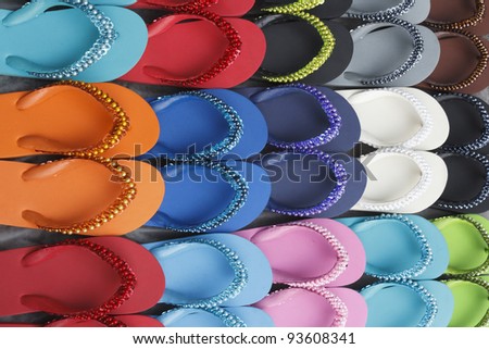 Set of colorful flip flops display on Thailand street market Royalty-Free Stock Photo #93608341