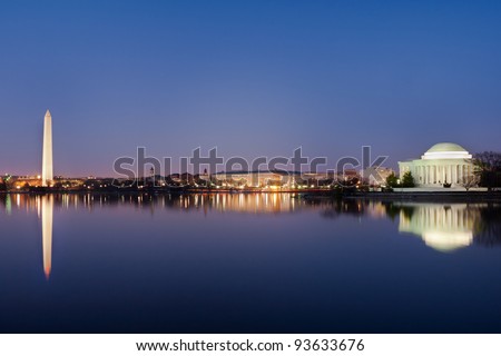 Washington DC National Mall, including Washington Monument and Thomas Jefferson Memorial with mirror reflections on water Royalty-Free Stock Photo #93633676