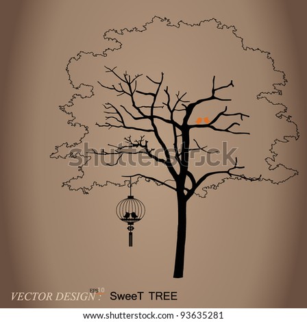 Valentine background with tree and bird. Vector Illustration.