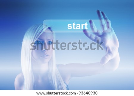 Business concept - girl with screen and start button