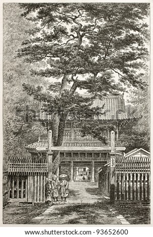 Tosen ji old view, British legation seat in Yedo (Tokyo). Created by Lancelot after photo by unknown author, published on Le Tour du Monde, Paris, 1867