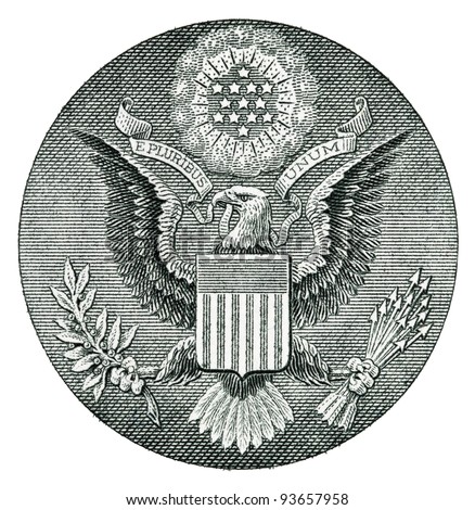 E Pluribus Unum Seal on the US Dollar Bill Royalty-Free Stock Photo #93657958