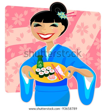 Japanese woman in kimono serving sushi on a cherry blossom background (raster version)