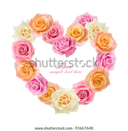 Pink,cream and tea roses in heart shape bunch isolated on white with sample text.Valentine Day concept