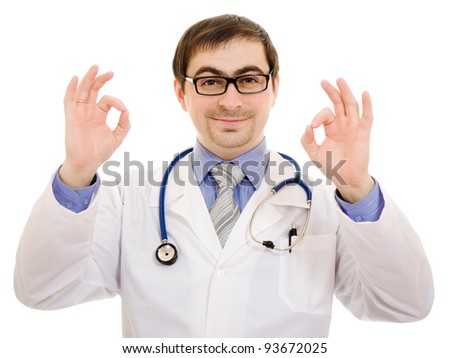 A doctor with a stethoscope and glasses gesture shows okay on a white background.