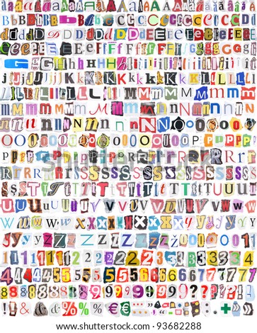 Newspaper, magazine alphabet with 516 letters, numbers and symbols. Isolated on white background.